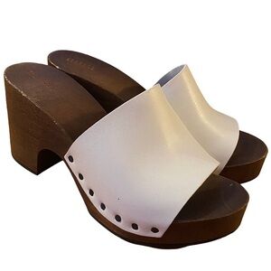 Barneys New York wood and white leather studded Italian clog mules size 39
